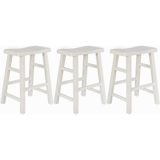 eHemco Heavy-Duty Solid Wood Saddle Seat Kitchen Counter Height Barstools, 24 Inches, White, Set of 3