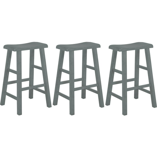 eHemco Heavy-Duty Solid Wood Saddle Seat Kitchen Counter Height Barstools, 29 Inches, Gray, Set of 3