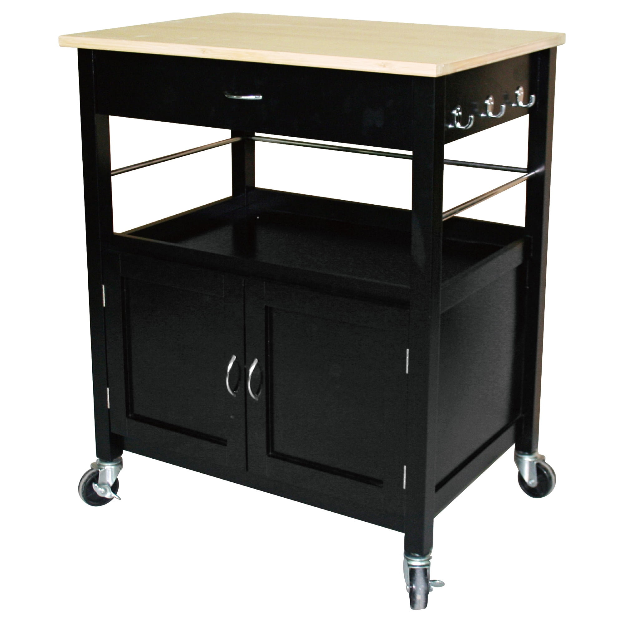 Natural Bamboo Top Black Base Kitchen Island Cart with Storage