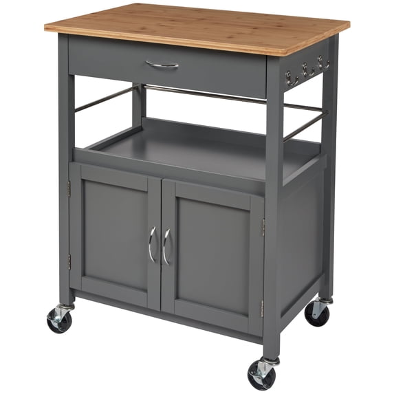 eHemco Kitchen Island Cart on Wheels with Drawer, Storage Cabinet, Shelf and Natural Bamboo Top Butcher Block, 35.5 Inches Height, Gray Base