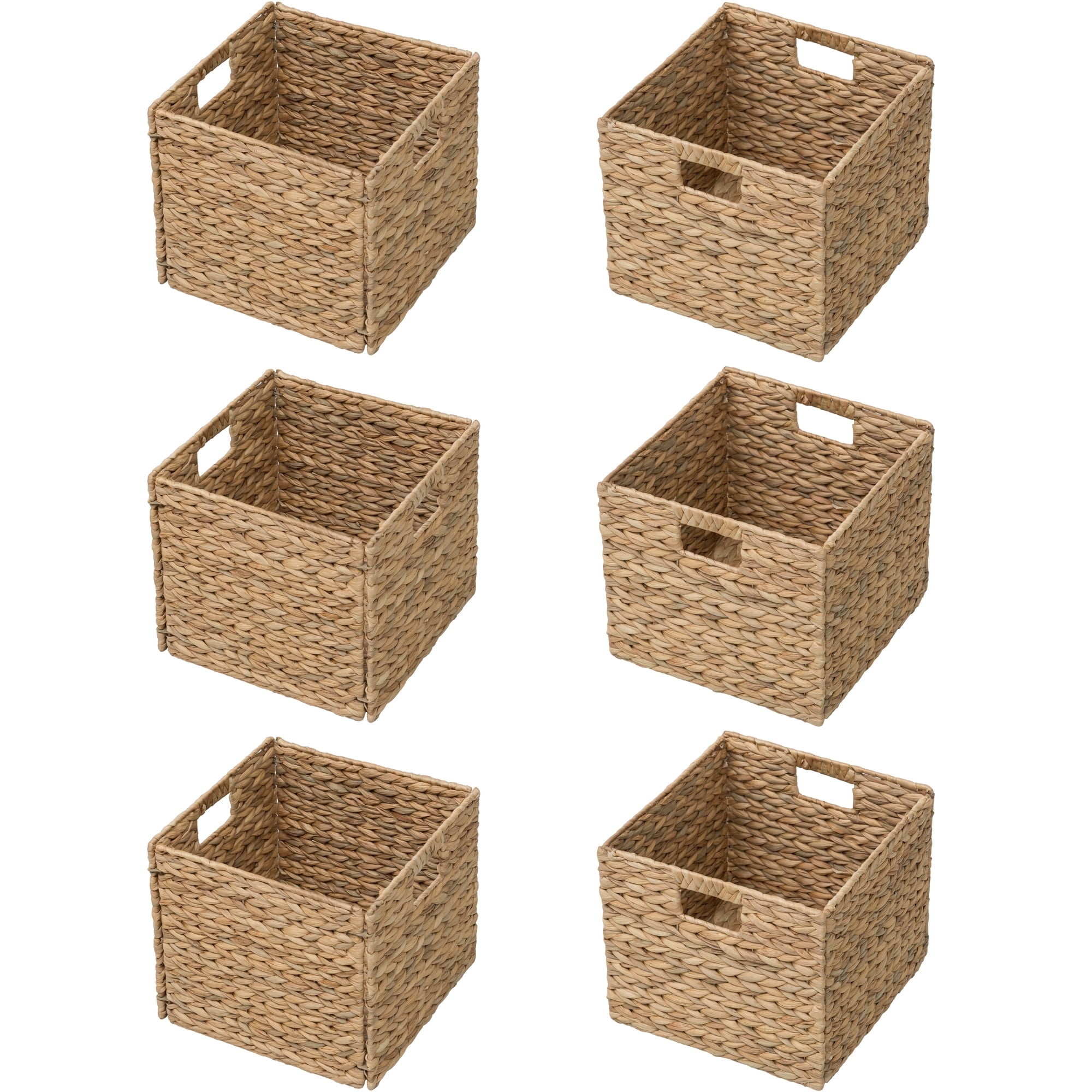 eHemco Large Square Woven Hyacinth Wicker Pantry Storage Baskets with Iron Wire Frame, 11"x11"x10", Natural, Set of 6