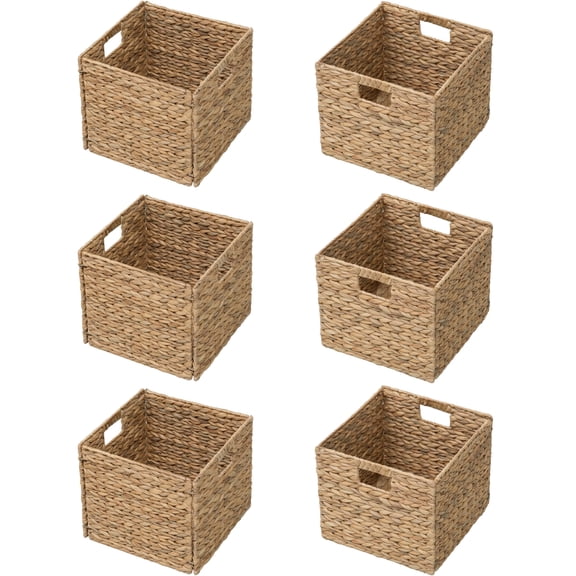 eHemco Large Square Woven Hyacinth Wicker Pantry Storage Baskets with Iron Wire Frame, 11"x11"x10", Natural, Set of 6