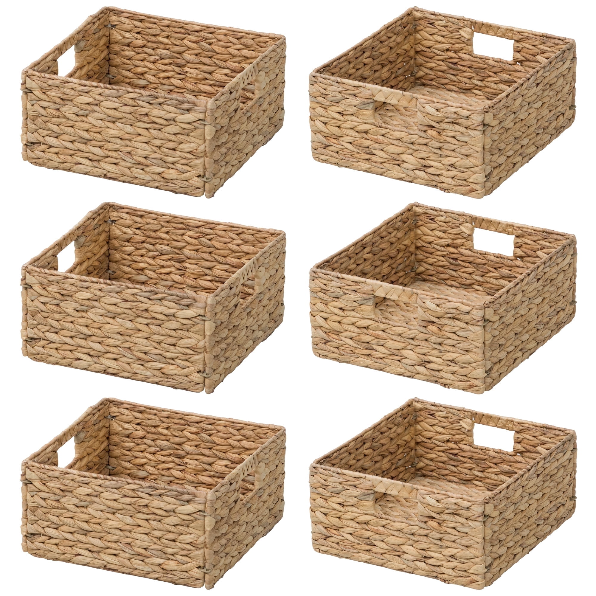 eHemco Large Square Woven Hyacinth Wicker Pantry Storage Baskets with Iron Wire Frame, 12"x12"x6", Natural, Set of 6