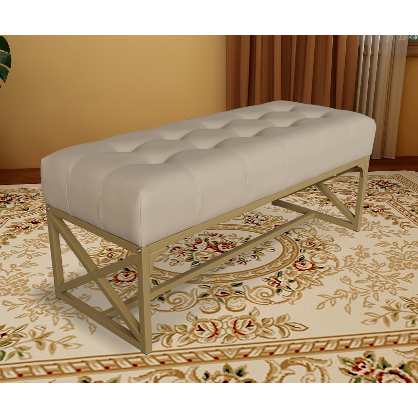 Modern Gold Faux Leather Bench with Tufted Cushion, 40.2 Inches