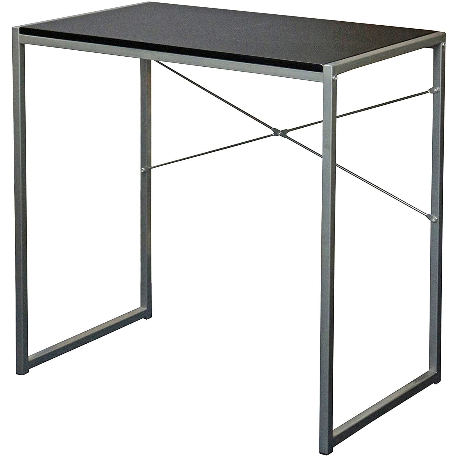 Black Rectangular Wood Writing Desk with Silver Metal Legs