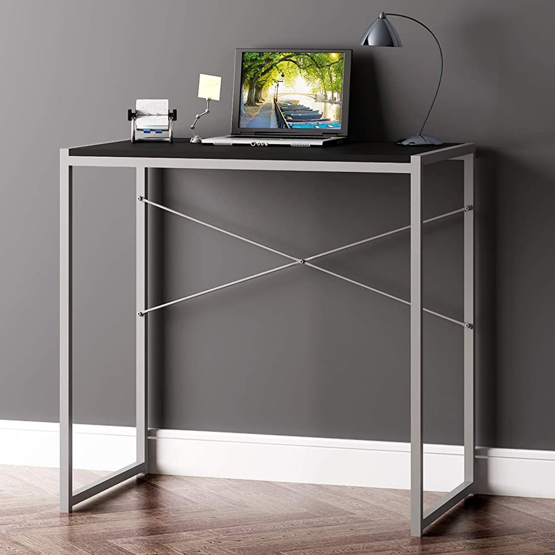 Black Rectangular Wood Writing Desk with Silver Metal Legs