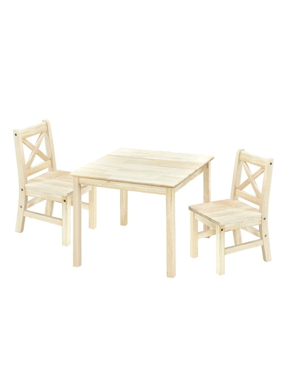 eHemco Solid Hard Wood Kids Table and Chair Set (2 Chairs Included), Unfinished, 3 Pieces Set