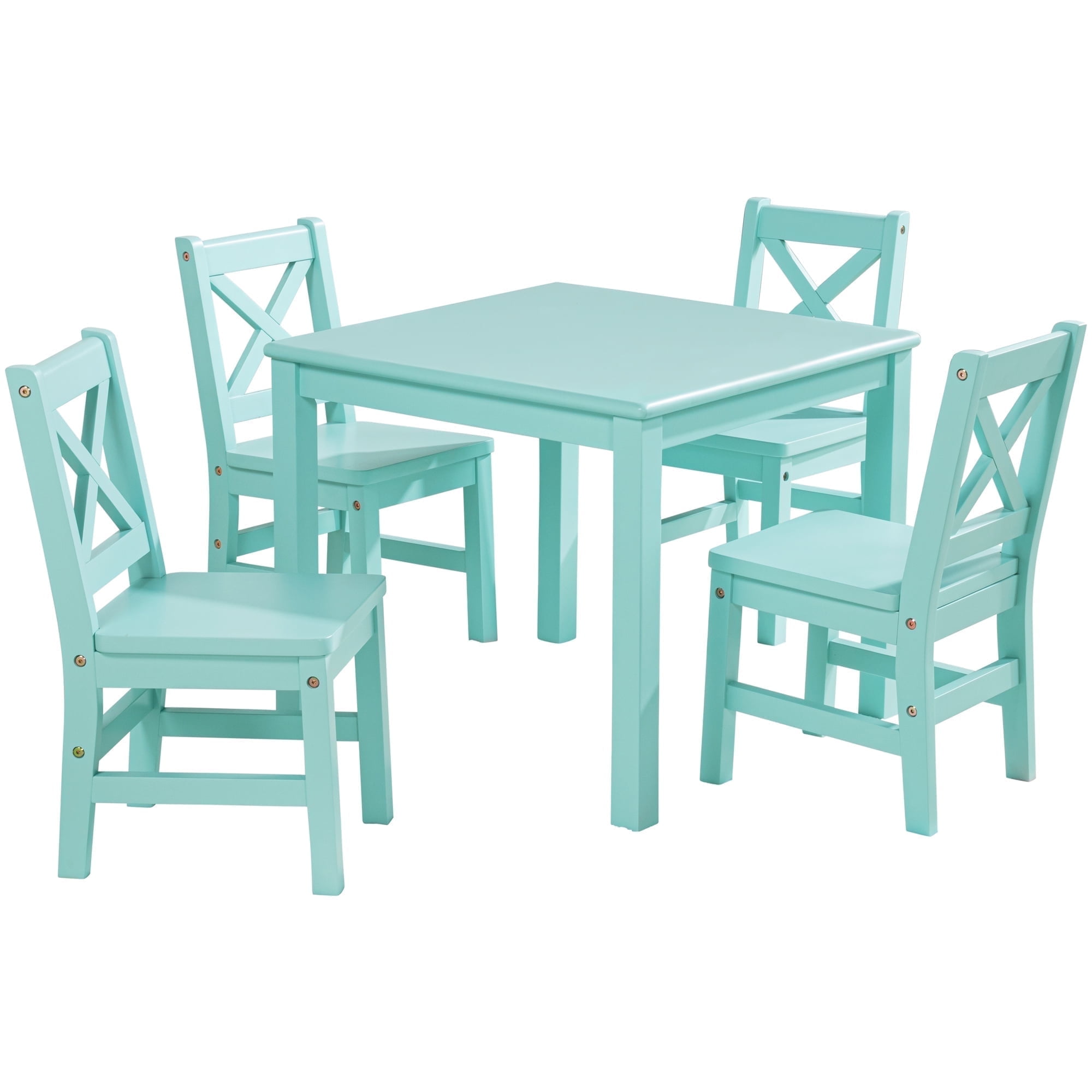 eHemco Solid Hard Wood Kids Table and X-Back Chairs Set (4 Chairs Included), Mint Blue, 5 Piece Set