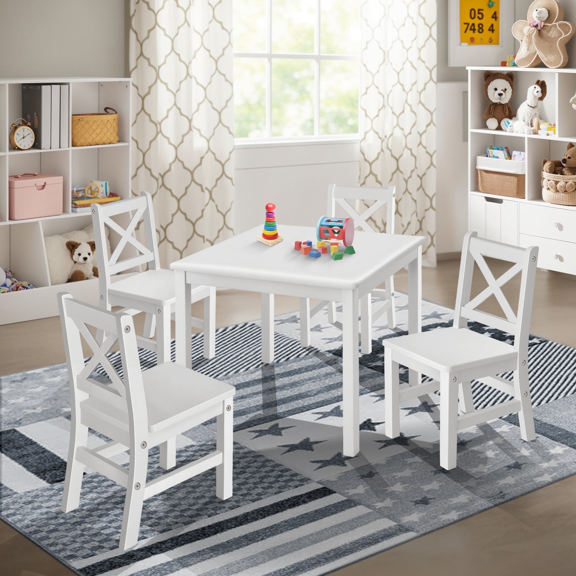 eHemco Solid Hard Wood Kids Table and X-Back Chairs Set (4 Chairs ...