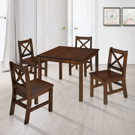 eHemco Solid Hard Wood Kids Table and X-Back Chairs Set (4 Chairs Included), Coffee, 5 Pieces Set