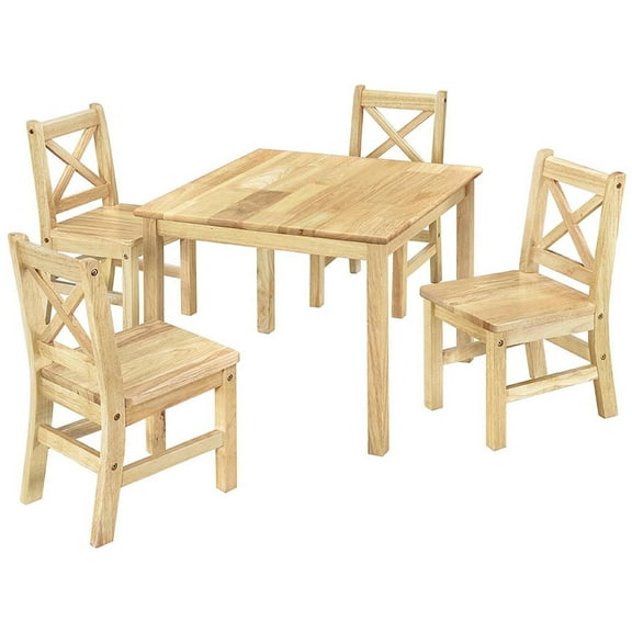 eHemco Solid Hard Wood Kids Table and X-Back Chairs (4 Chairs Included), Natural, 5 Pieces Set