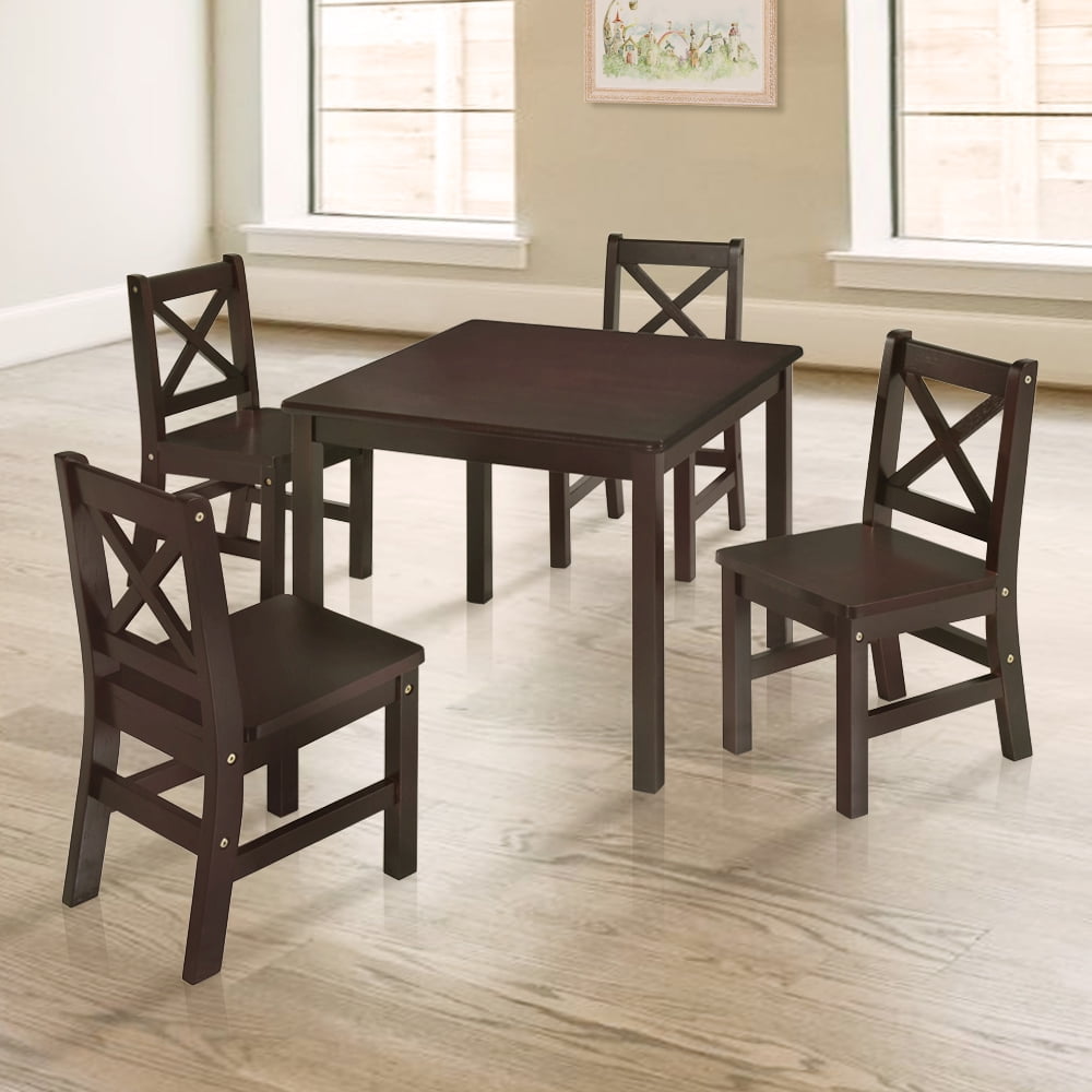eHemco Solid Hard Wood Kids Table and XBack Chairs, Espresso, 5 Pieces