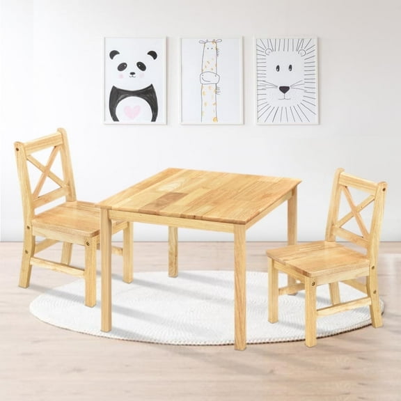 eHemco Solid Hard Wood Kids Table and Chair Set (2 Chairs Included), Naural, 3 Pieces Set