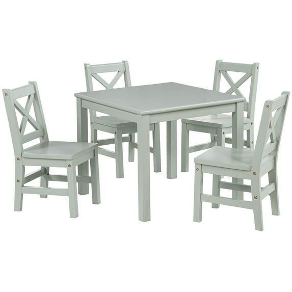 eHemco Solid Hard Wood Kids Table and X-Back Chairs Set (4 Chairs Included), Sage Green, 5 Piece Set