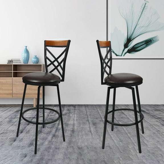eHemco Swivel Metal Kitchen Counter Barstool with Double X Back Upholstered Faux Leather Seat, Espresso and Black, Set of 2