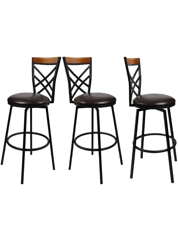eHemco Swivel Metal Kitchen Counter Barstool with Double X Back Upholstered Faux Leather Seat, Espresso and Black, Set of 3
