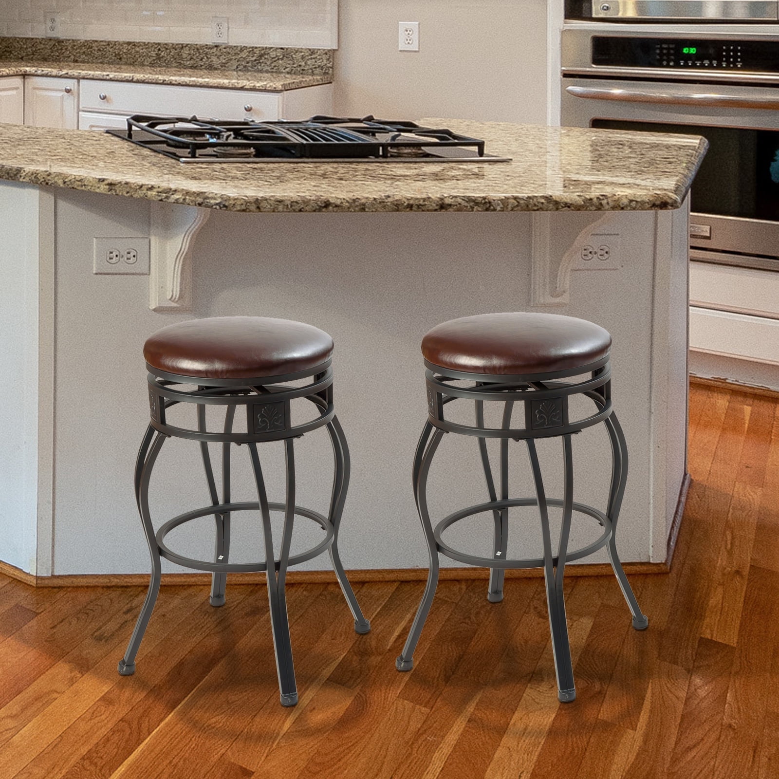 Black Metal and Espresso Faux Leather Swivel Bar Stools, 29 Inches, Set of 2