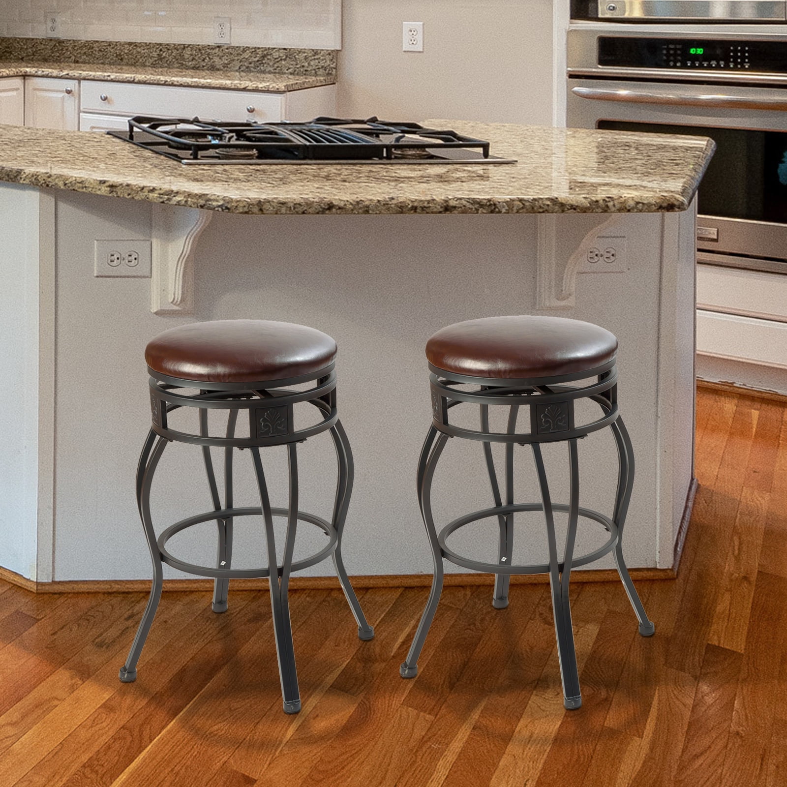 Black Metal and Espresso Faux Leather Swivel Bar Stools, 29 Inches, Set of 2