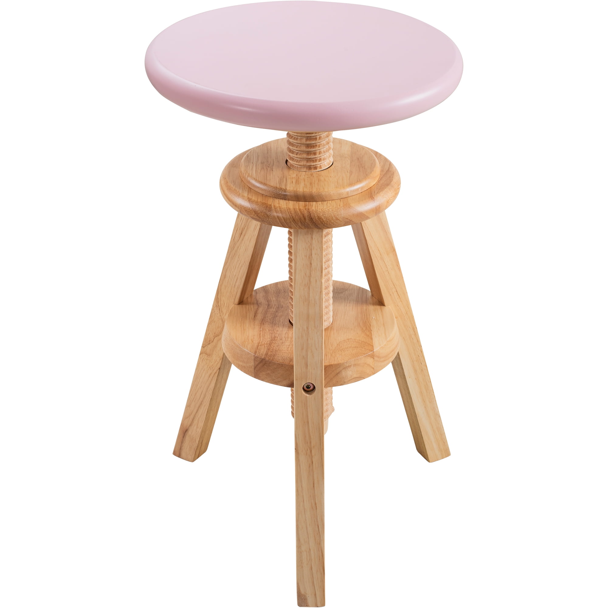 eHemco Swivel Solid Wood Adjustable Bar Stool, 18.9 to 25.2 Inches, Natural Base with Pink Top