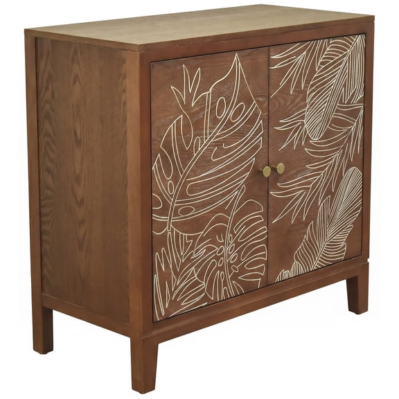 eHemco Tropical Monstera 2-Door Storage Cabinet, Modern Retro Style, Antique Walnut Finish, 30 x 14 x 31 Inches
