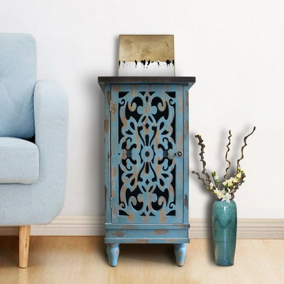 eHemco Wooden Rustic Dual Storage Shelf Rectangle End Table with Carved Legs for Living Room, Teal