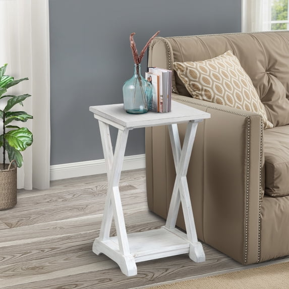 eHemco X-Farmhouse End Table Side Table with Storage Shelf, White Wash