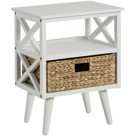 eHemco X-Side Mid-Century Modern Nightstand End Table with Storage Shelf and Wicker Basket, White