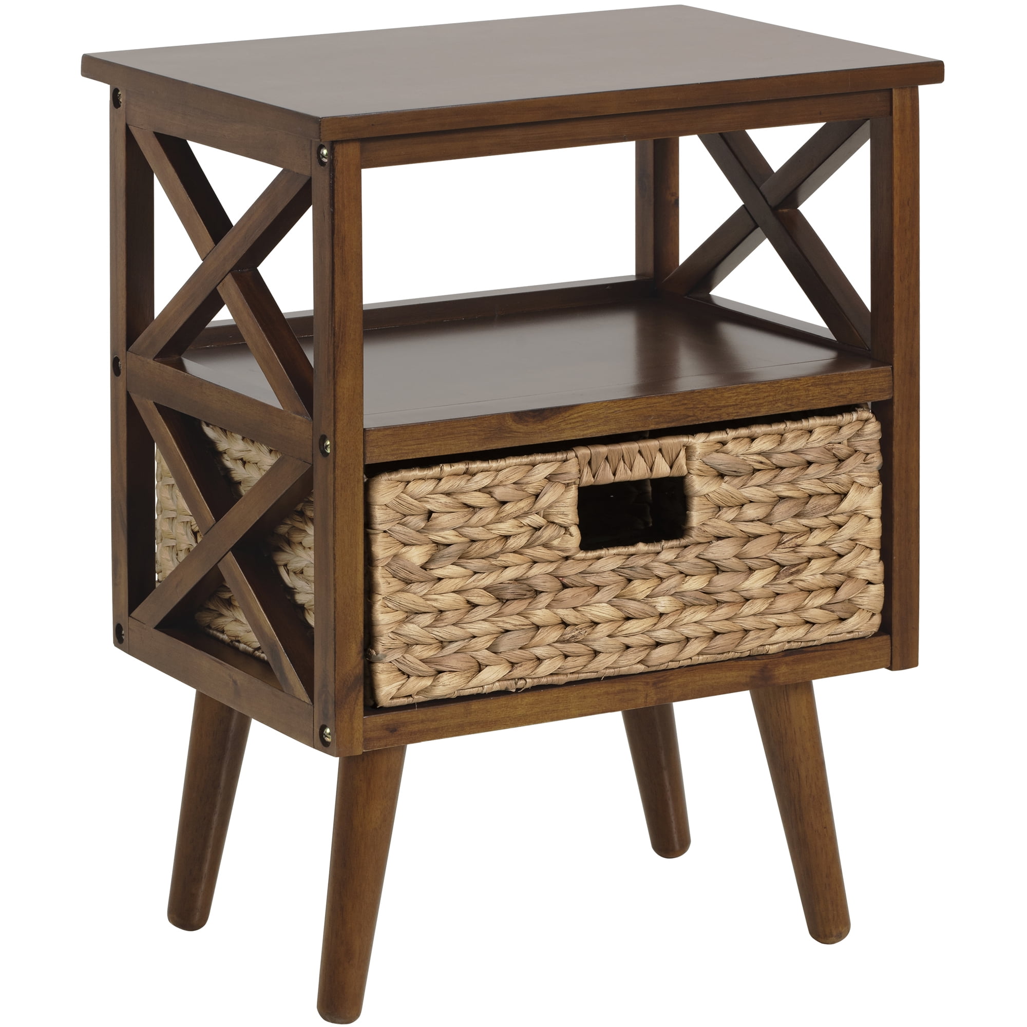 eHemco XSide MidCentury Nightstand End Table with Storage Shelf and Wicker Basket, Walnut