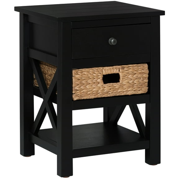 eHemco X-Side Solid End Table Nightstand with Drawer, 2 Storage Shelves and Wicker Basket, Black