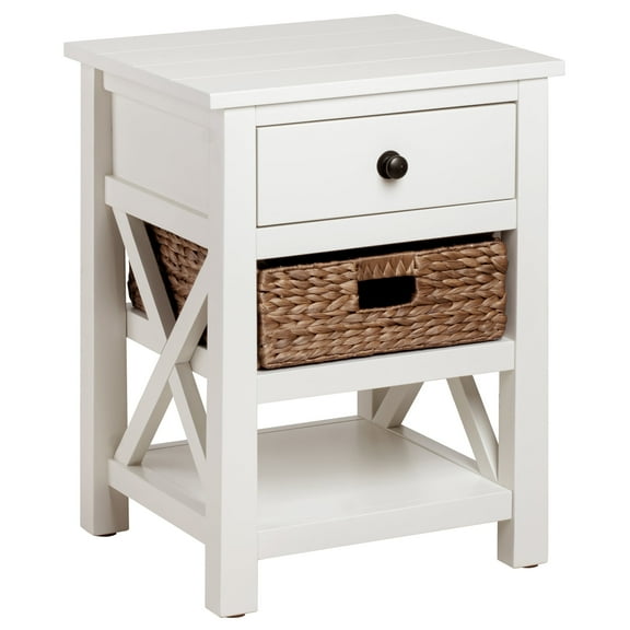 eHemco X-Side Solid End Table Nightstand with Drawer, 2 Storage Shelves and Wicker Basket, White