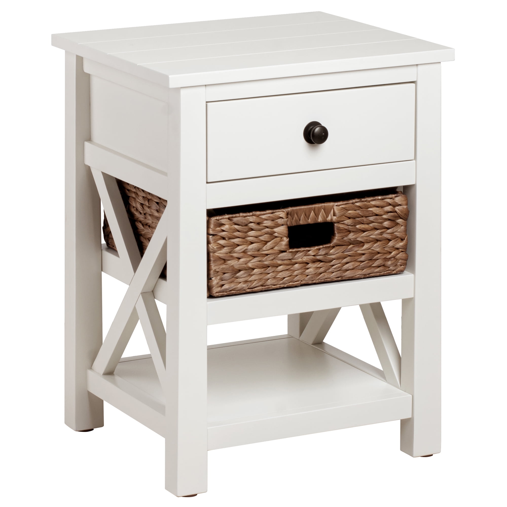 White Solid Wood End Table with Drawer and Wicker Basket