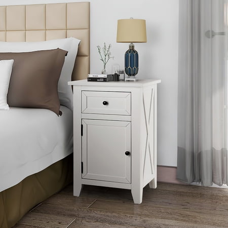 eHemco X-Side Wood Nightstand Side Table End Table with 1 Drawer and 1 Door Storage Cabinet, White