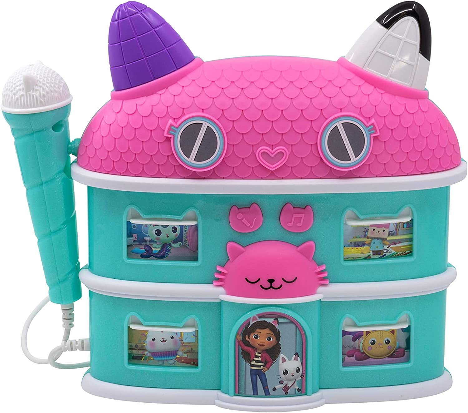 eKids Gabbys Dollhouse Sing Along Boom Box Speaker with Microphone, Kids Karaoke Machine with Built in Music and Sound Effects