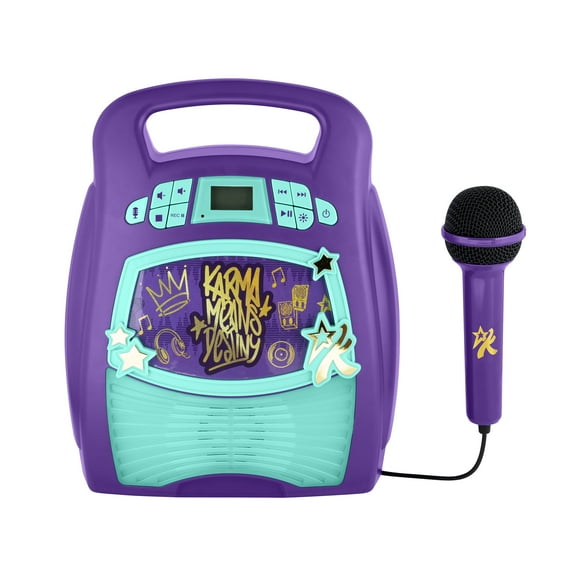 eKids Karmas World Karaoke Machine for Kids, Bluetooth Speaker with Microphone and Karaoke Recorder to Save and Share Performances via USB Port
