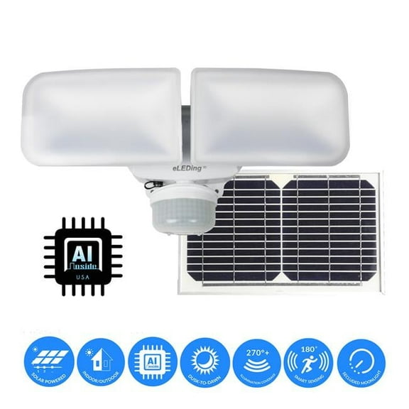 eLEDing 10 watt 180 deg Ivory Motion Activated Outdoor Integrated LED Flood Light with AI Smart Solar Powered Dual Head