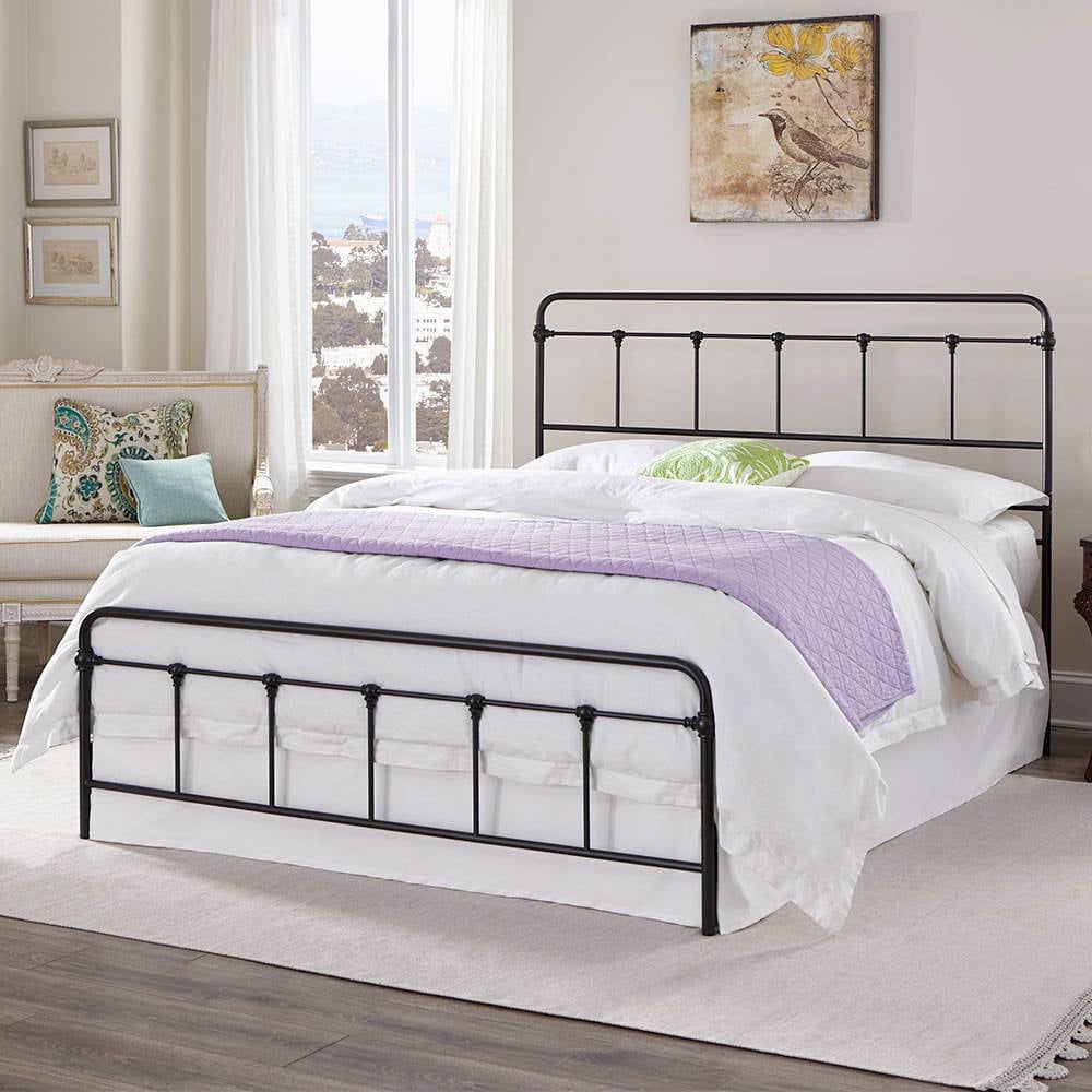 Full Size Black Metal Bed Frame with Headboard and Slats