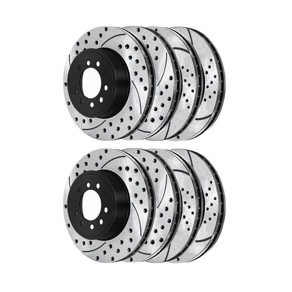 eMfurniture 8 Pieces - Disc Brake Rotor Set Kit Front Rear Left and Right Side Black Electrolysis Coated Steel Performance Drilled and Slotted for CTS 03-07 for STS 05-08 for Seville 03-04