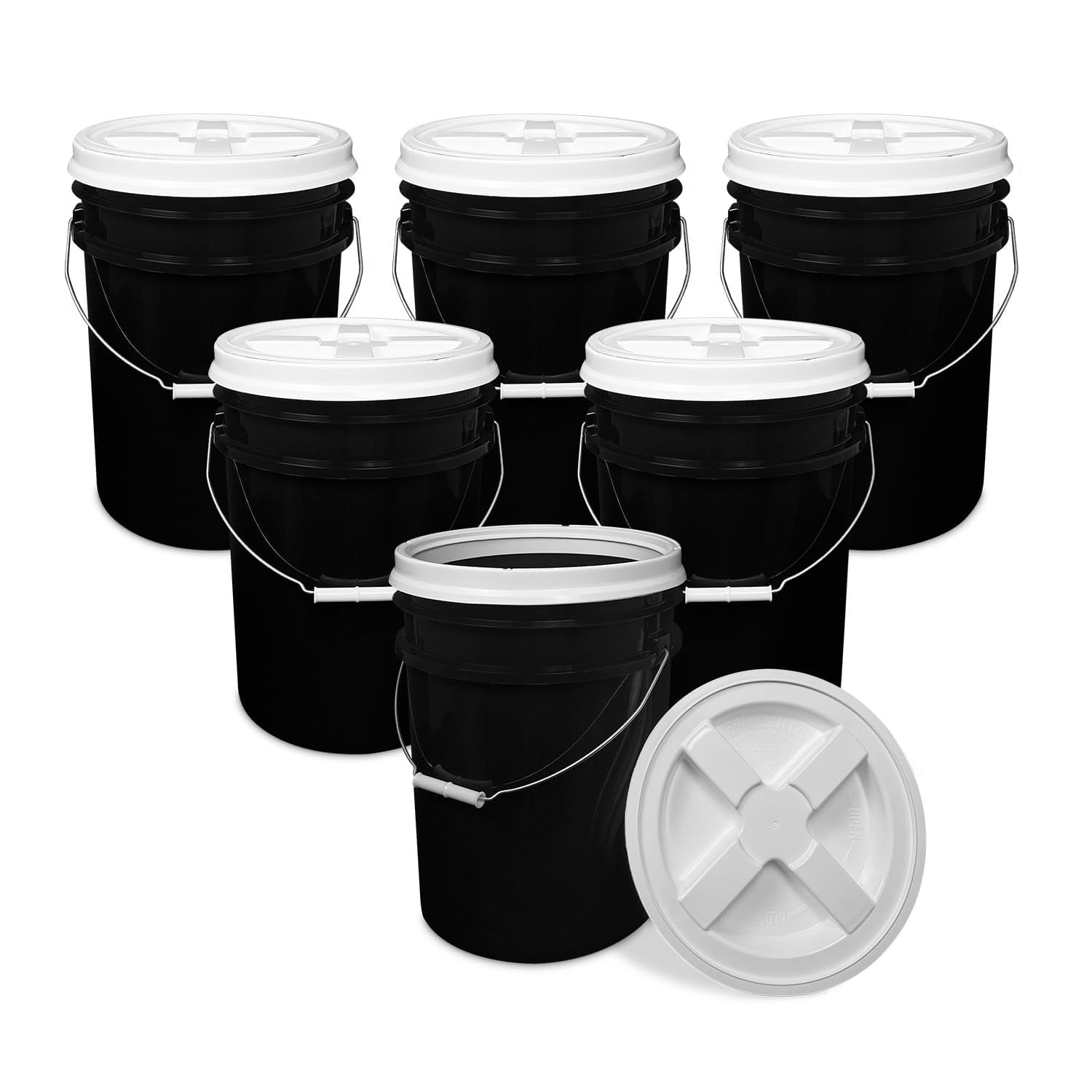 ePackageSupply 5 Gallon Bucket - Food Grade Bucket with Airtight Gamma Seal Screw-On Lid, BPA-Free, Heavy-Duty 90 Mil HDPE Plastic, Bulk Storage, Durable Container, Made in USA, Black/White, 6 Packs