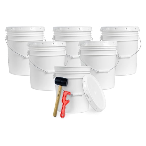 ePackageSupply 5 Gallon Plastic Bucket with Airtight Lid | Made in USA | Food Grade Bucket | BPA-Free | Heavy Duty 90 Mil All Purpose Pail | One 12" Rubber Mallet & One Lid Opener Included | 6 Pack