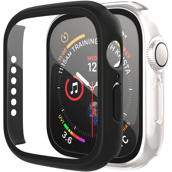 ePacks 2 Pack Hard Case Compatible with Apple Watch 45mm Series 7 with Tempered Glass Screen Protector, Black, Clear Ultra-Thin Durable Protective Cover for iWatch
