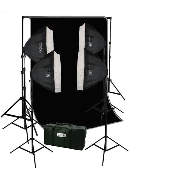 ePhoto 10 x 12 Black Muslin Background Backdrop Stand Kit with 4 Softbox kit