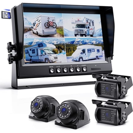 eRapta Backup Camera 9 inch for RV Semi Box Truck Trailer Rear and Side View Quad 1080P HD Camera 4 Split Screens Record Function IP69 Waterproof Night Vision