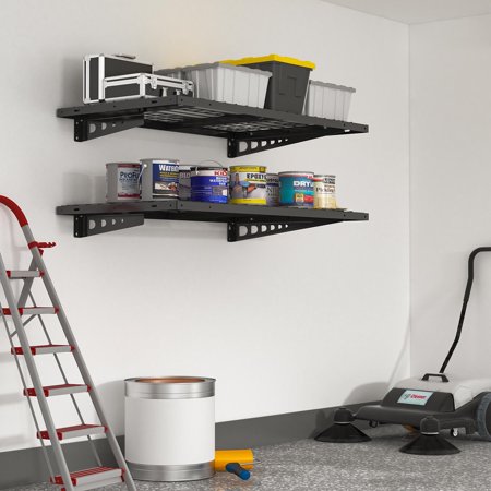 eShelf 2-Tier Heavy-Duty Steel Garage Wall Shelving Rack, 24" W x 48" D, 440lb Load Capacity, Sturdy Construction, Multiple Mounting Options – Black