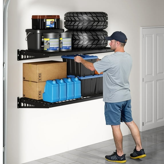 eShelf 2-Tier Heavy-Duty Steel Garage Wall Shelving Rack, 24" W x 40" D, 700lb Load Capacity – Black