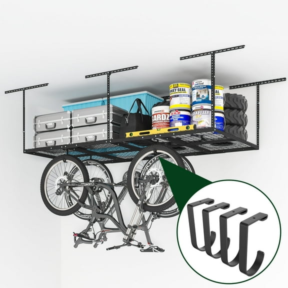 eShelf 4x8 Heavy Steel Overhead Garage Storage Rack, Adjustable Ceiling-Mounted Organizer with 600lbs Capacity, 4 Hanging Hooks & 22"-40" Height Range, Heavy-Duty Metal Storage System (Black)