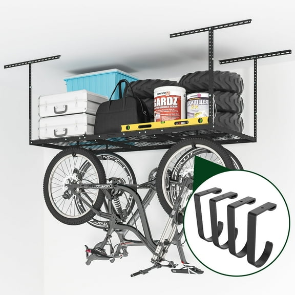 eShelf 3x6 Heavy Steel Overhead Garage Storage Rack, Adjustable Ceiling-Mounted Organizer with 450lbs Capacity, 4 Hanging Hooks & 22"-40" Height Range, Heavy-Duty Metal Storage System (Black)