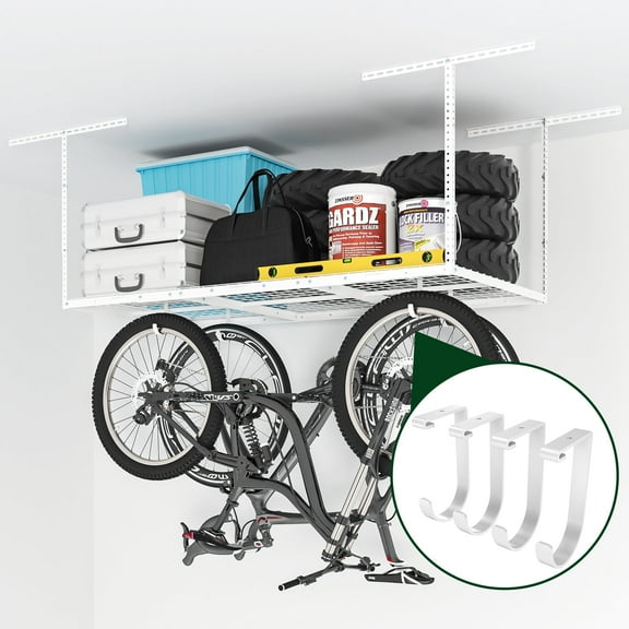 eShelf 3x6 Heavy Steel Overhead Garage Storage Rack, Adjustable Ceiling-Mounted Organizer with 450lbs Capacity, 4 Hanging Hooks & 22"-40" Height Range, Heavy-Duty Metal Storage System (White)