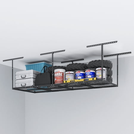eShelf 3x8 Heavy Steel Overhead Garage Storage Rack, Adjustable Ceiling-Mounted Organizer with 600lbs Capacity, 22"-40" Height Range, Heavy-Duty Metal Storage System (Black)