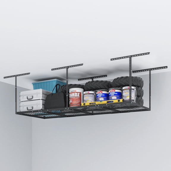 eShelf 3x8 Heavy Steel Overhead Garage Storage Rack, Adjustable Ceiling-Mounted Organizer with 600lbs Capacity, 22"-40" Height Range, Heavy-Duty Metal Storage System (Black)