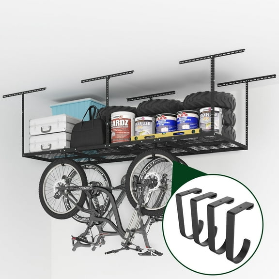 eShelf 3x8 Heavy Steel Overhead Garage Storage Rack, Adjustable Ceiling-Mounted Organizer with 600lbs Capacity, 4 Hanging Hooks & 22"-40" Height Range, Heavy-Duty Metal Storage System (Black)
